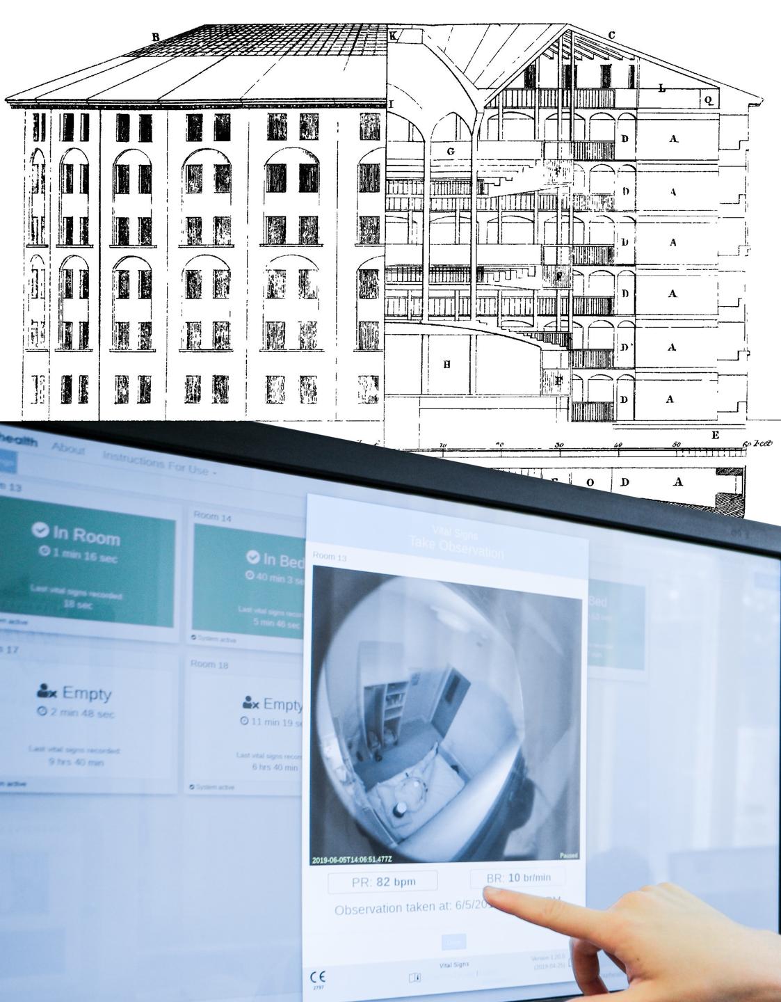 an architectural drawing of a panopticon, on top of which is a photo of of a touchscreen with Oxevision showing a surveillance camera image of an individual lying in bed